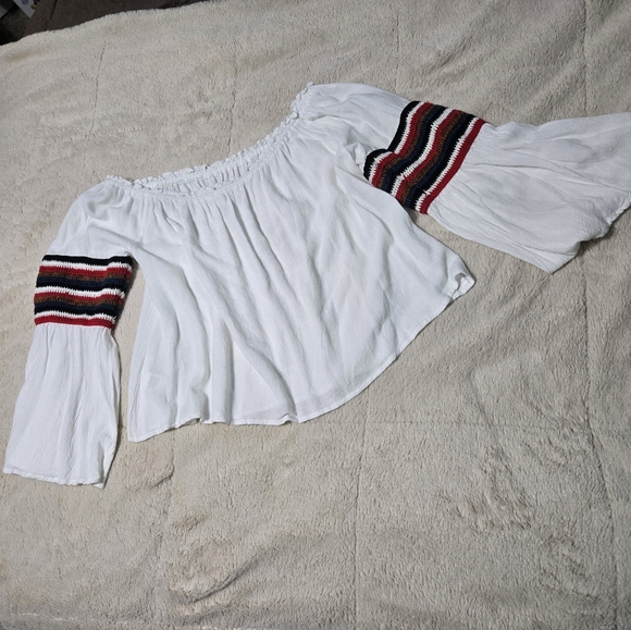 White Off Shoulder Linen Blend Festival Top Multicolor Crochet Sleeve Stripes, L - Picture 3 of 8